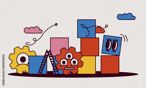 Advertising puzzle from cube block vector flat illustration. Analytics chart business job people teamwork. Community deal banner cooperation jigsaw. Human alliance office group work company team