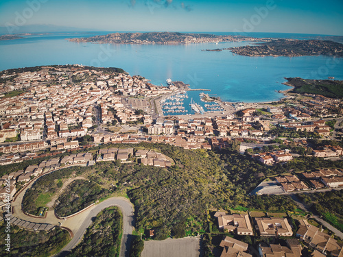 Fototapeta Naklejka Na Ścianę i Meble -  Aerial view of Palau town  port and Santo Stefano with La Maddalena islands. Province of Olbia-Tempio, Sardinia, Italy, Europe