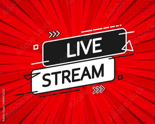 Live stream logo - red vector design element with play button for news and TV or online broadcasting