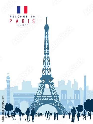 Crowd of people in Paris. Eiffel tower and city skyline. vector hand drawing.