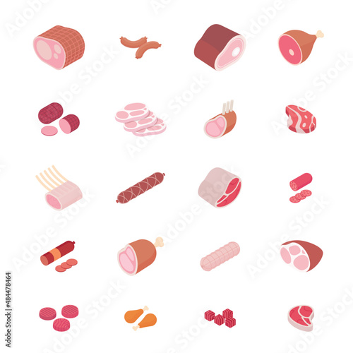 Meat and ham set, butcher shop. Isometric vector illustration in flat design.