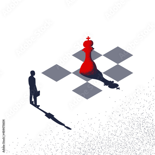 Business strategy. Strategist planning winning success. Vector illustration minimal isometric design. Businessman pushing chess figure of king. Victory in battle. Concept management.