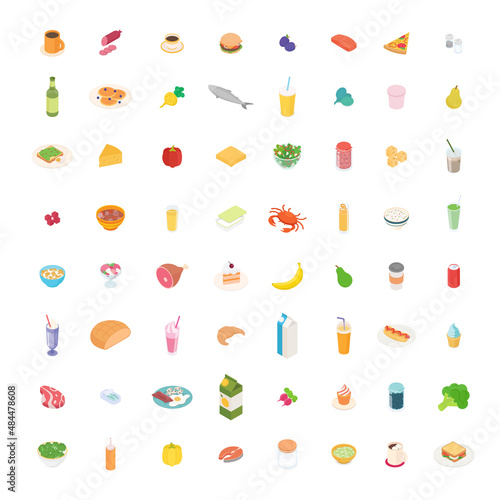 Fototapeta Naklejka Na Ścianę i Meble -  Food, meal, vegetable, fruit, meat, drink, cooking set. Isometric vector illustration in flat design.
