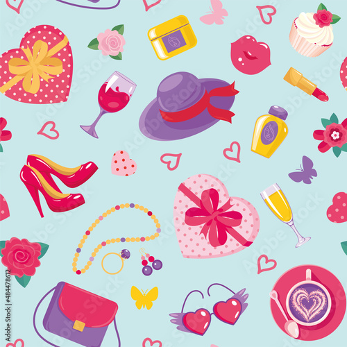 Female accessories background with bag, shoes, hat, cosmetic, perfume, coffee, wine, cake, sunglasses, gifts, flowers, hearts. Texture, seamless pattern for wallpaper, paper, textile, fabric
