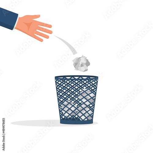 Businessman throws a mint paper in trash. Crumpled paper in basket. Vector illustration flat design. Isolated on white background.