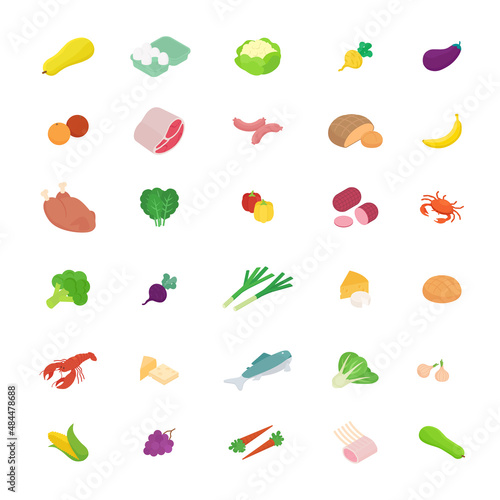 Food, meal, vegetable, fruit, meat, fish, seafood, cooking set. Isometric vector illustration in flat design.
