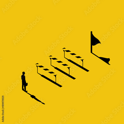 Conquering adversity. Hurdle on way concept. Businessman obstacle metaphor. Overcoming obstacle on road. Barrier on way to success. Vector illustration minimal 3d design. Isolated white background.