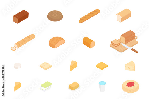 Food, bread and cheese set, dairy. Isometric vector illustration in flat design. 