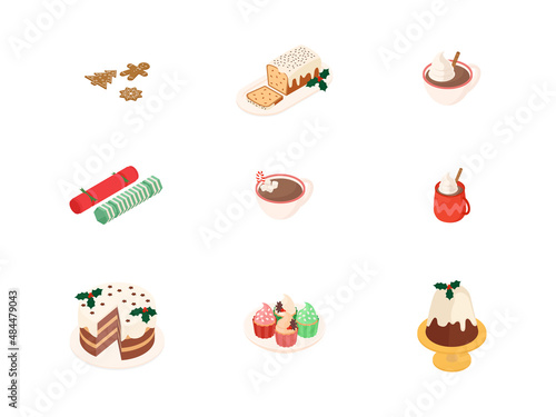 Food, meal, vegetable, fruit, meat, drink, Christmas cooking set. Isometric vector illustration in flat design.
