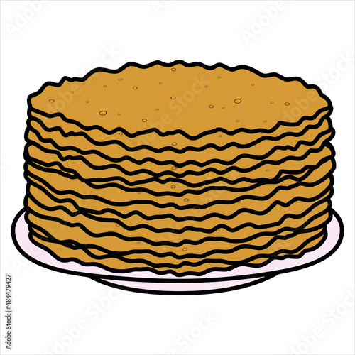 Bliny on a plate in hand drawn style. Food for Maslenitsa (Shrovetide). Stack of pancakes on a white background. EPS 10.