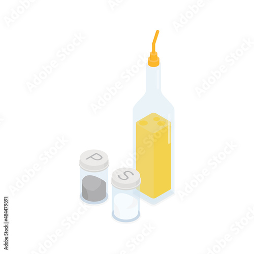 Olive oil, oli, salt, pepper, - Isometric vector illustration in flat design. 