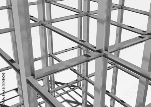 steel structure of iron beams, site under construction metal structure, new building, energy efficiency and building renovation concept, 3D illustration, 3D rendering