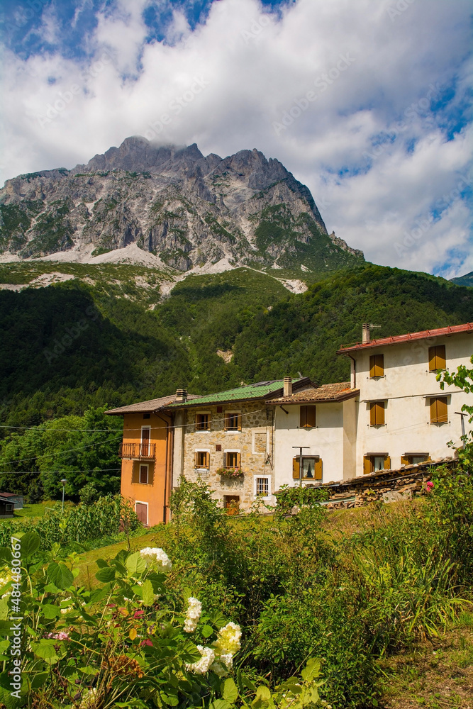 The village of Dordolla in the Moggio Udinese municipality of Udine province, Friuli-Venezia Giulia, north east Italy. Creta Grauzaria mountain is in the background
