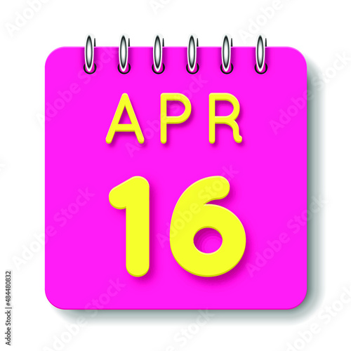 16 day of the month. April. Cute calendar daily icon. Date day week Sunday, Monday, Tuesday, Wednesday, Thursday, Friday, Saturday. Neon yellow. Pink Paper. White background.
