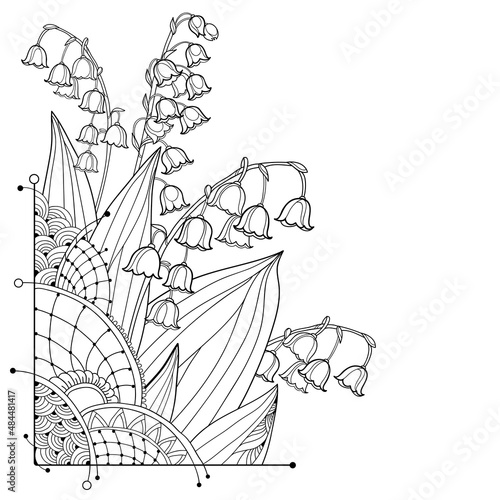 Corner bouquet with outline Lily of the valley or Convallaria flower and leaves in black isolated on white background.
