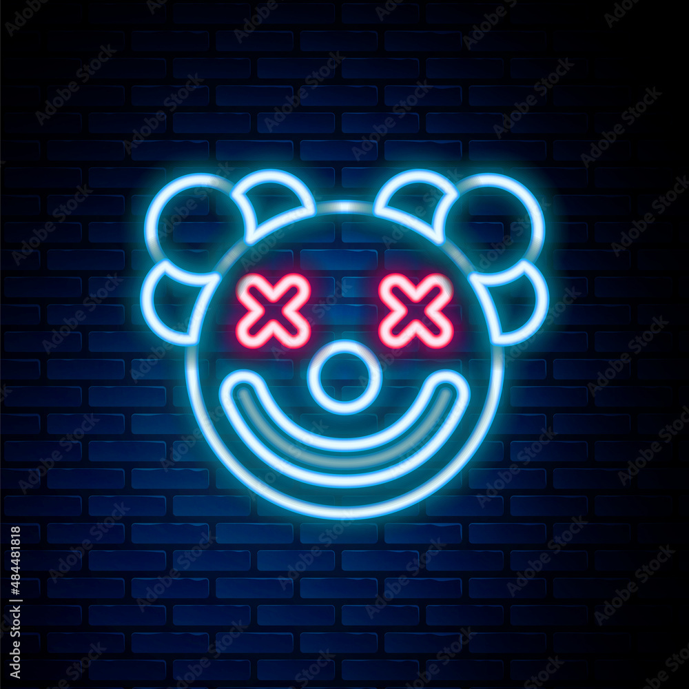 Glowing neon line Clown head icon isolated on brick wall background. Colorful outline concept. Vector