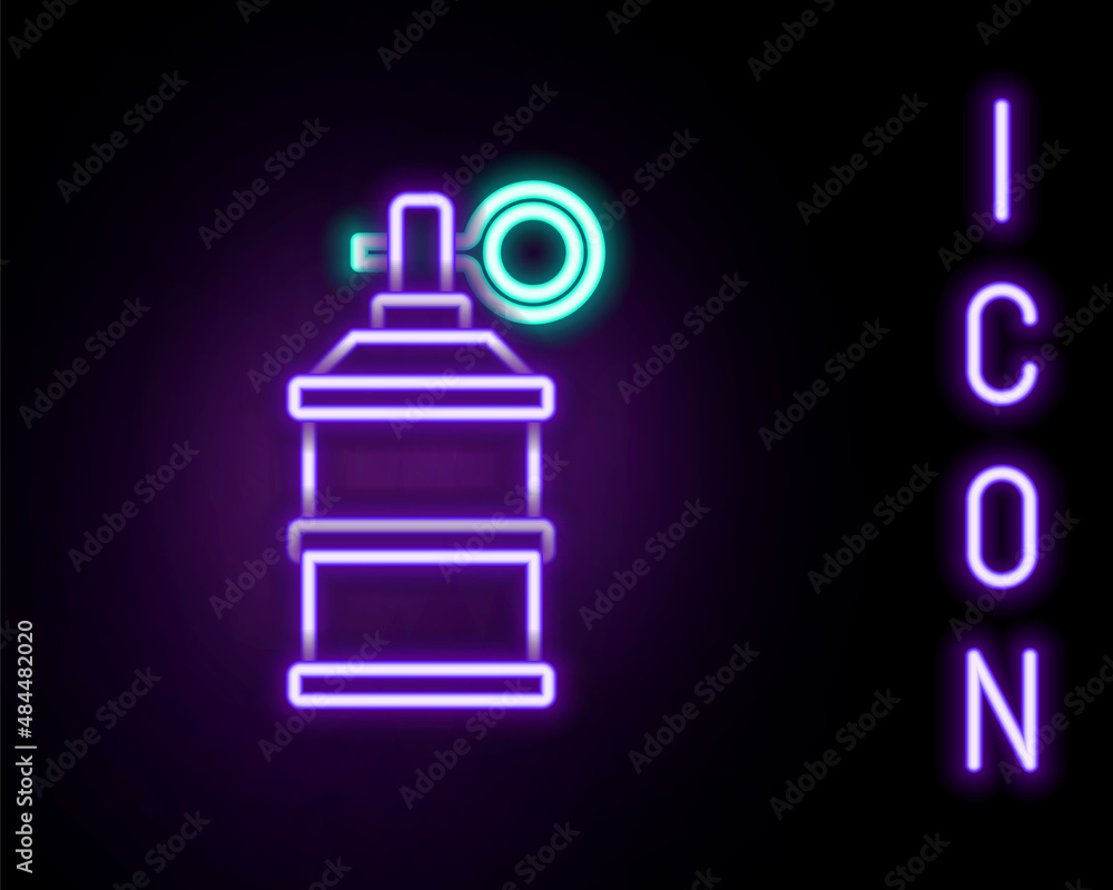 Glowing neon line Hand smoke grenade icon isolated on black background. Bomb explosion. Colorful outline concept. Vector Glowing neon line Hand smoke grenade icon isolated on black background. Bomb explosion. Colorful outline concept. Vector