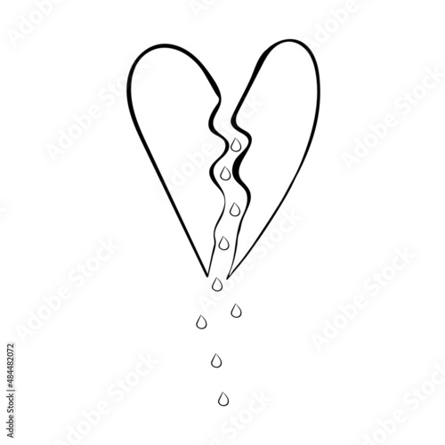  Broken, torn heart with drops of tears or blood. Pain, suffering, tears, love. Two halves of a broken heart. Black lines on a white background. Vector illustration.

