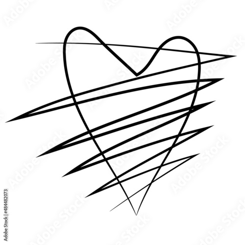 Crossed out whole heart. Pain, suffering, tears, love. Broken hearts. Black lines on a white background. Vector illustration.