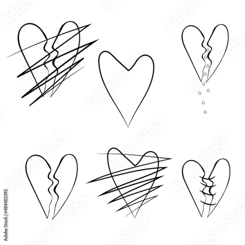 Broken, torn heart. Pain, suffering, tears, love. Two halves of a broken heart. Black lines on a white background. Vector illustration of doodles.
