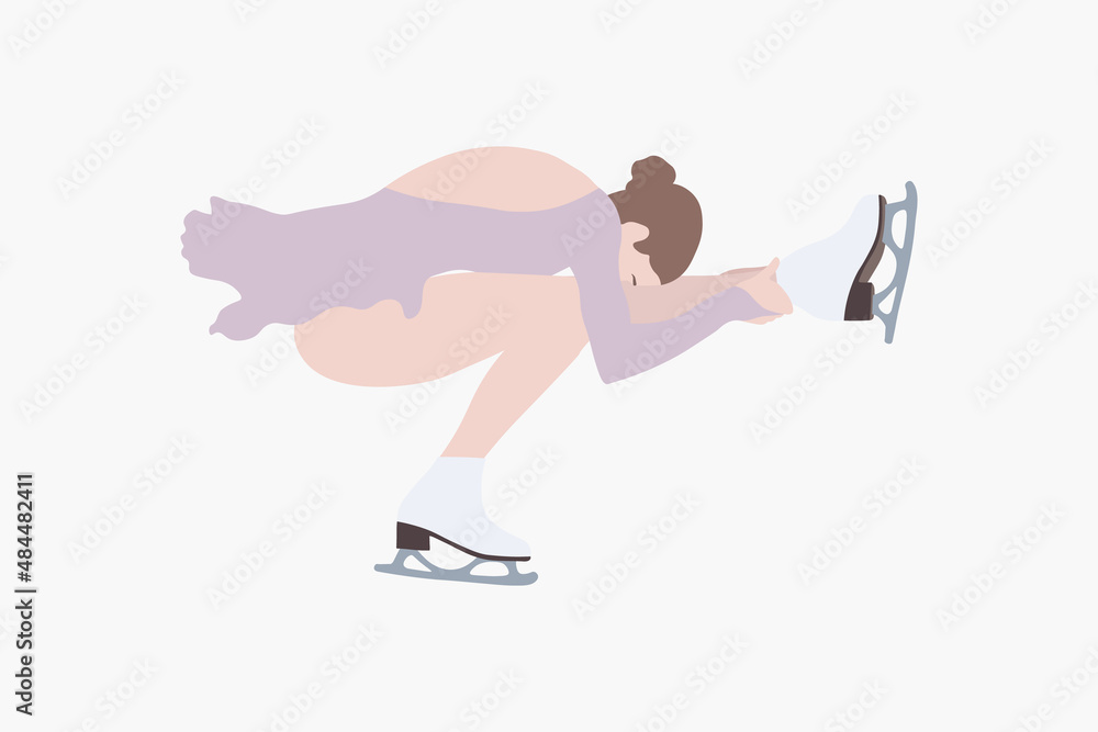 Abstract trendy cartoon illustration of female figure skater, shoot duck spin, ice skating. Hand