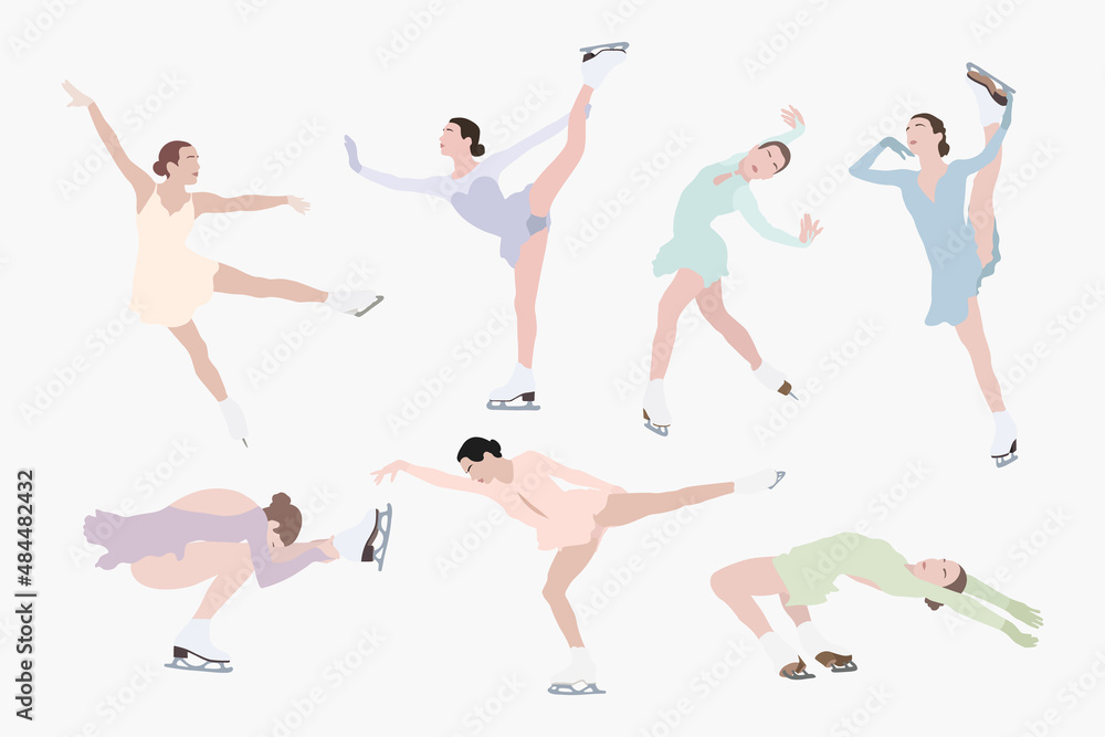 Set of abstract trendy cartoon illustrations of female figure skaters, ice skating. Hand drawn vector elements isolated on white background for decoration, flyer, banner, poster Set of abstract trendy cartoon illustrations of female figure skaters, ice skating. Hand drawn vector elements isolated on white background for decoration, flyer, banner, poster