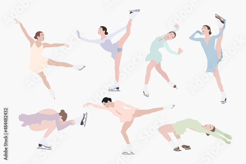 Set of abstract trendy cartoon illustrations of female figure skaters, ice skating. Hand drawn vector elements isolated on white background for decoration, flyer, banner, poster