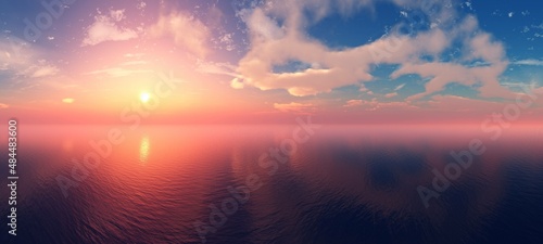 Sea sunset panorama, ocean sunrise panorama, seascape, 3d rendering