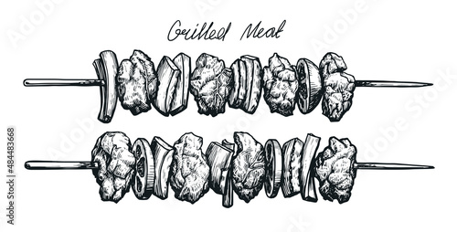 Grilled BBQ shashlik with meat and vegetables. Barbecue food sketch drawing vector illustration