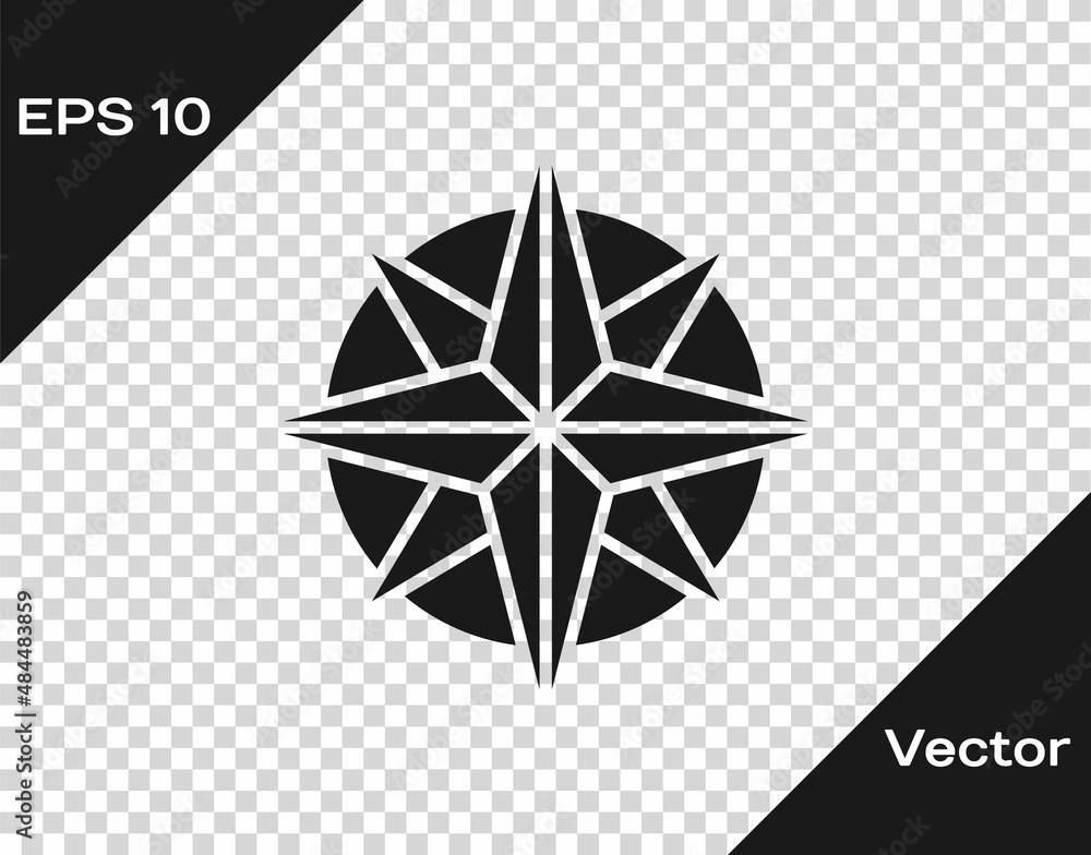 Fototapeta premium Black Wind rose icon isolated on transparent background. Compass icon for travel. Navigation design. Vector Illustration