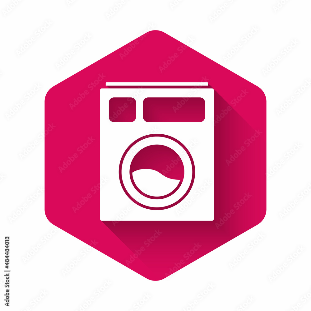 White Washer icon isolated with long shadow. Washing machine icon. Clothes washer - laundry machine. Home appliance symbol. Pink hexagon button. Vector Illustration White Washer icon isolated with long shadow. Washing machine icon. Clothes washer - laundry machine. Home appliance symbol. Pink hexagon button. Vector Illustration