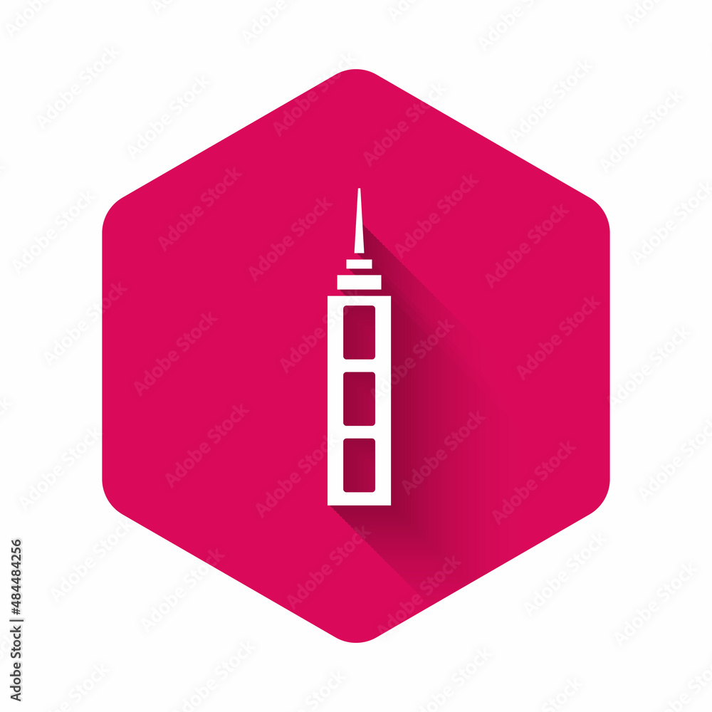 White Skyscraper icon isolated with long shadow. Metropolis architecture panoramic landscape. Pink hexagon button. Vector White Skyscraper icon isolated with long shadow. Metropolis architecture panoramic landscape. Pink hexagon button. Vector