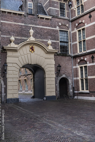 Binnenpoort or Middenpoort (1634), one of four preserved entrance gates to Binnenhof (Inner court) - XIII century complex of buildings, seat of Dutch parliament. Den Haag (The Hague), The Netherlands.