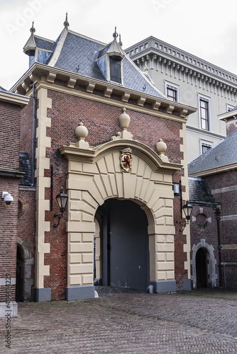Binnenpoort or Middenpoort  1634   one of four preserved entrance gates to Binnenhof  Inner court  - XIII century complex of buildings  seat of Dutch parliament. Den Haag  The Hague   The Netherlands.