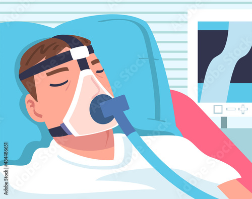 Man Patient in Hospital Having Artificial Lung Ventilation Being in Critical Condition Lying on Bed with Mask Vector Illustration