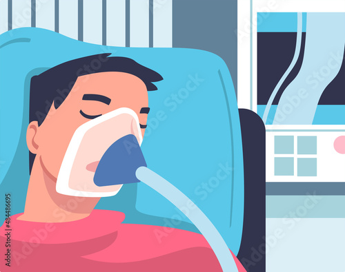 Man Patient in Hospital Having Artificial Lung Ventilation Being in Critical Condition Lying on Bed with Mask Vector Illustration