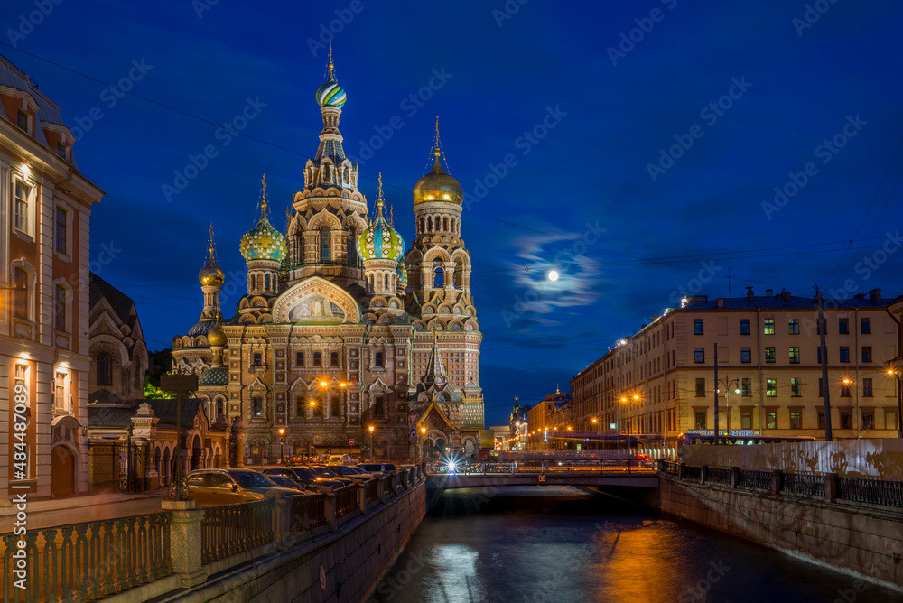 The Church of the Savior on Spilled Blood. Orthodox church in Saint Petersburg, Russia. One of Saint Petersburg's major attractions. Moonlight night 