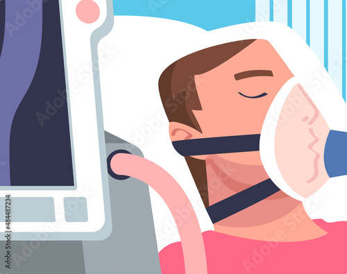 Man Patient in Hospital Having Artificial Lung Ventilation Being in Critical Condition Lying on Bed with Mask Vector Illustration