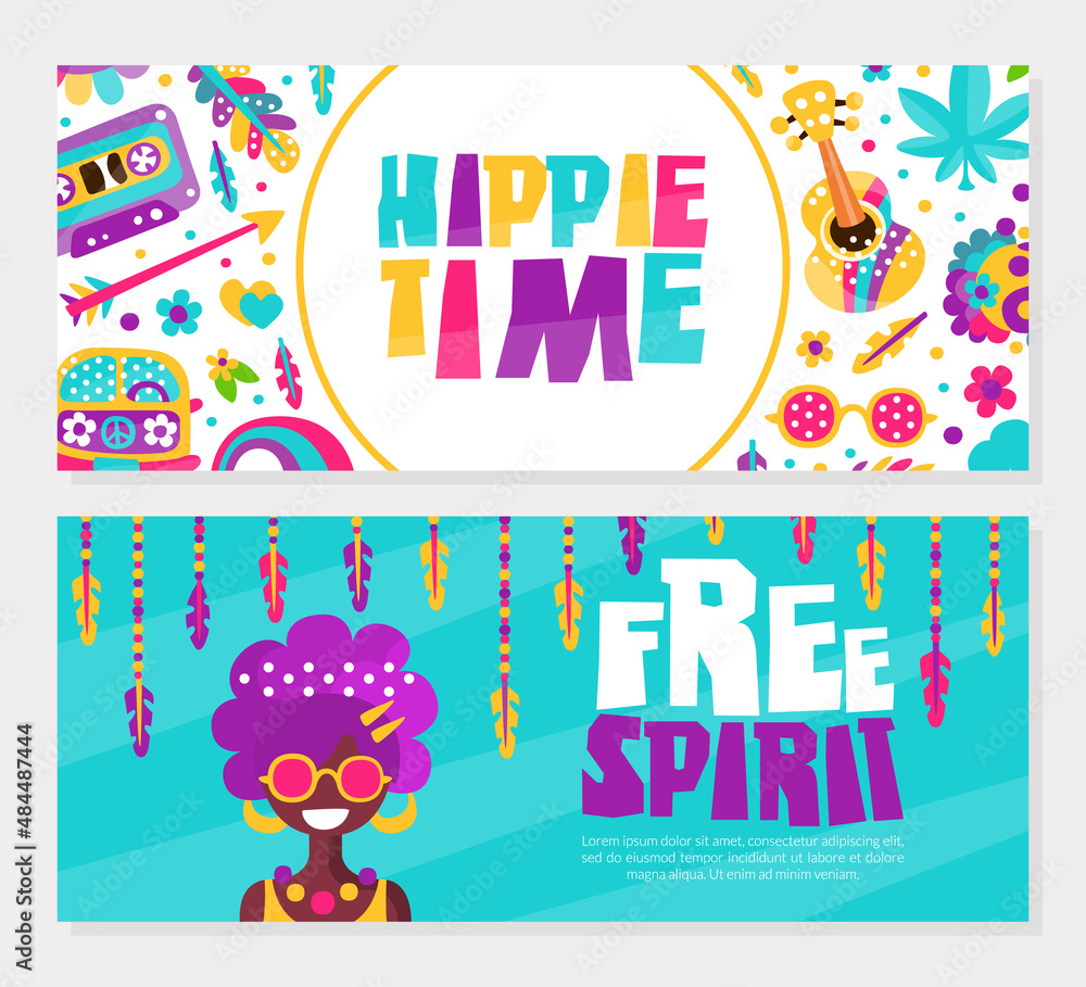 Hippie Bohemian Poster or Card Design with Sticker Element Vector Template