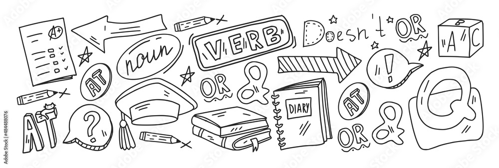 Creativity and imagination. Vector icons with school items. Creativity and imagination. Vector icons with school items.