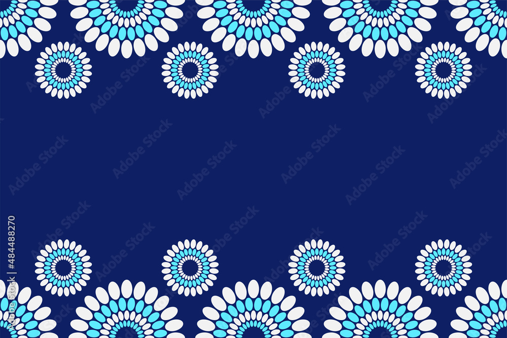 Seamless horizontal border pattern with circles, round shapes. African fashion vector pattern. White and blue shapes. Space for text. Vector color background. Seamless horizontal border pattern with circles, round shapes. African fashion vector pattern. White and blue shapes. Space for text. Vector color background.