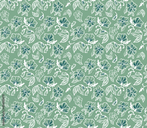 Floral seamless pattern, textile print, flower print, allover print, floral background. Mint, petrol blue, white and green colors