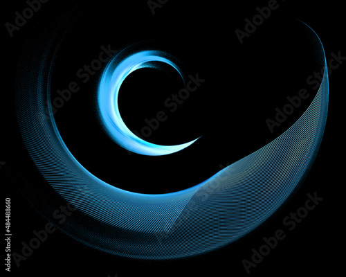 On a black background, an arc-shaped element rotates above a blue beautifully curved element. Icon, logo, sign, symbol. Graphic design element. 3d rendering. 3d illustration.