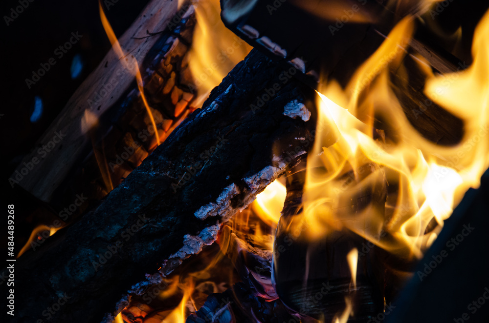 Close up burning logs in fire. Macro shooting of flames. Selective focus tongues of flame. Logs burn in the campfire. Close up burning logs in fire. Macro shooting of flames. Selective focus tongues of flame. Logs burn in the campfire.