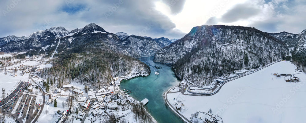 Fototapeta premium Bavarian Winter Panorama view through Berchtesgaden Königssee landscape