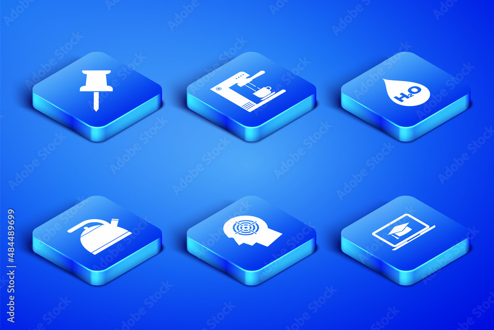 Set Graduation cap on laptop, Push pin, Head hunting concept, Kettle with handle, Coffee machine cup and Water drop H2O icon. Vector Set Graduation cap on laptop, Push pin, Head hunting concept, Kettle with handle, Coffee machine cup and Water drop H2O icon. Vector