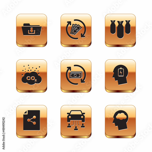 Set Folder download, Share file, Car sharing, Refund money, CO2 emissions cloud and Aviation bombs icon. Vector
