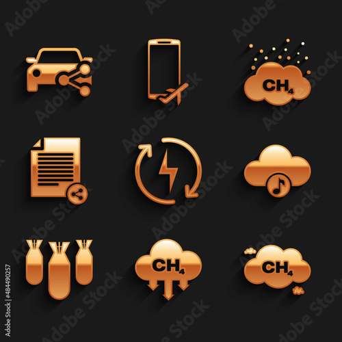 Set Recharging, Methane emissions reduction, , Music streaming service, Aviation bombs and Share file icon. Vector