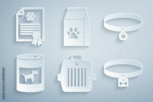 Set Pet carry case, Cat collar, Canned food for dog, Dog, Bag of pet and Certificate cat icon. Vector
