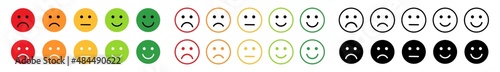 Scale of satisfaction, mood faces, happy. Survey, customer emotion feedback. Vector emoji bad, sad, angry and good smile rating icons. Flat positive green, negative red emoticons of evaluation level